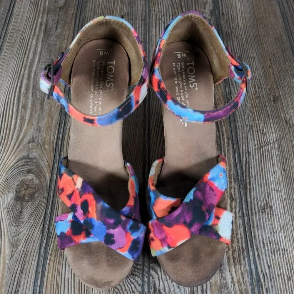 Toms Wedge Sandals Floral Hawaiian Platform Ankle Strap Peep Toe Shoes‎ Size 6
